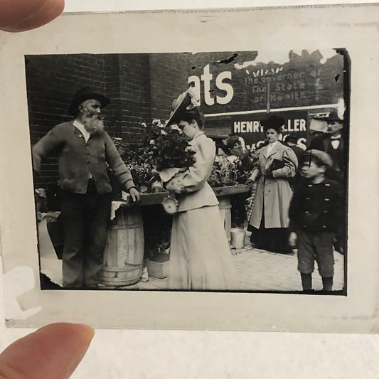 Antique Glass Plate Lantern Slide Photo Man Woman Child in Market Beard