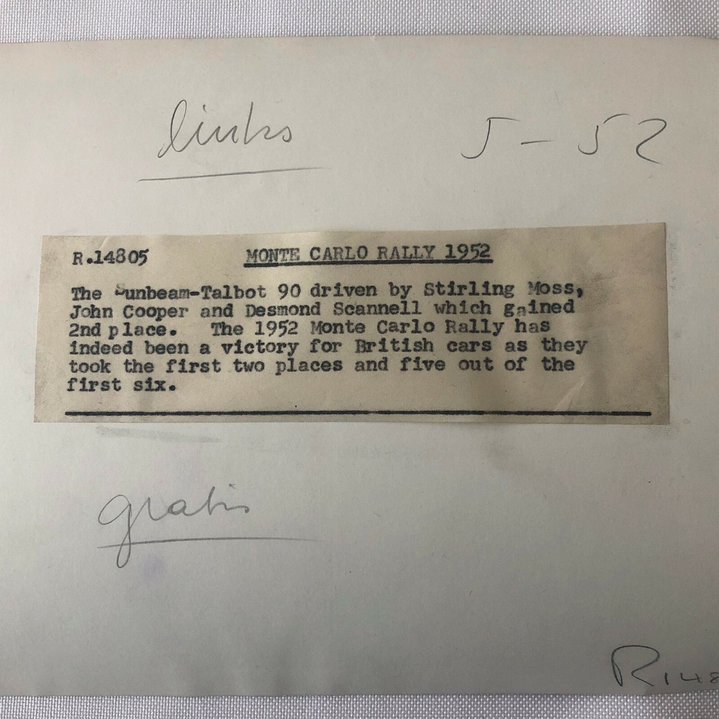 Vintage 1952 Monte Carlo Rally Photo Photograph Stirling Moss Sunbeam Talbot 90