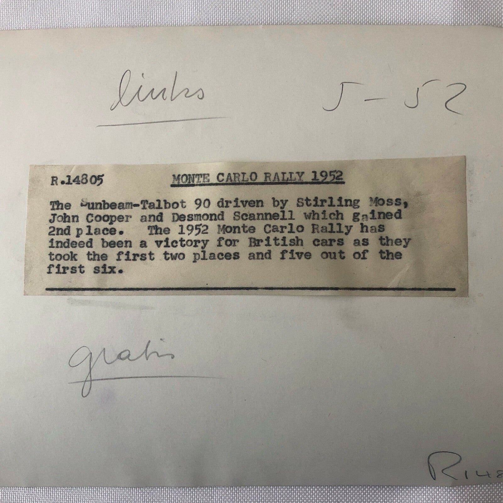 Vintage 1952 Monte Carlo Rally Photo Photograph Stirling Moss Sunbeam Talbot 90