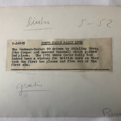 Vintage 1952 Monte Carlo Rally Photo Photograph Stirling Moss Sunbeam Talbot 90