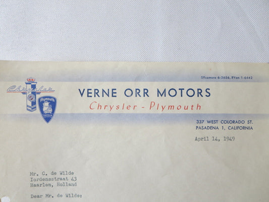 1949 Chrysler Plymouth Dealership Letter Verne Orr Motors Dealer Letterhead