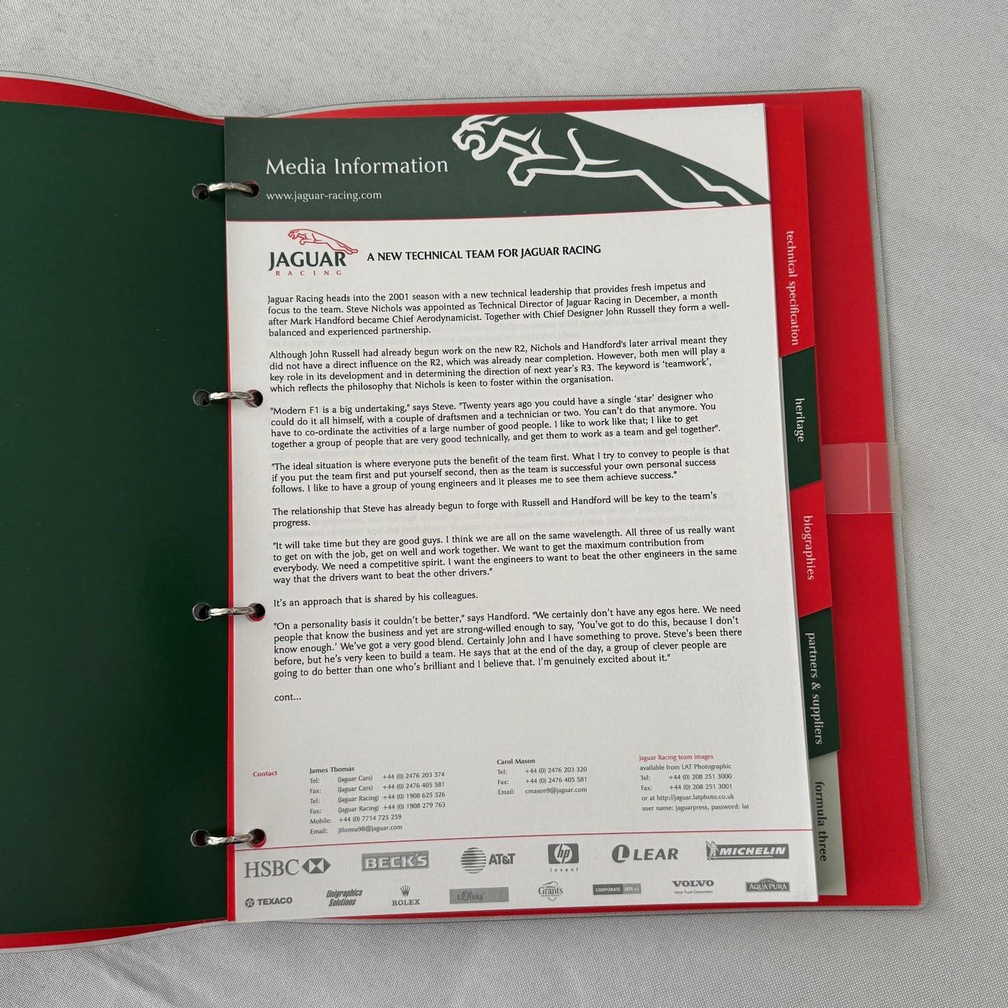 2001 Jaguar Racing Press Kit Formula 3 Formula One F1 Photos Eddie Irvine