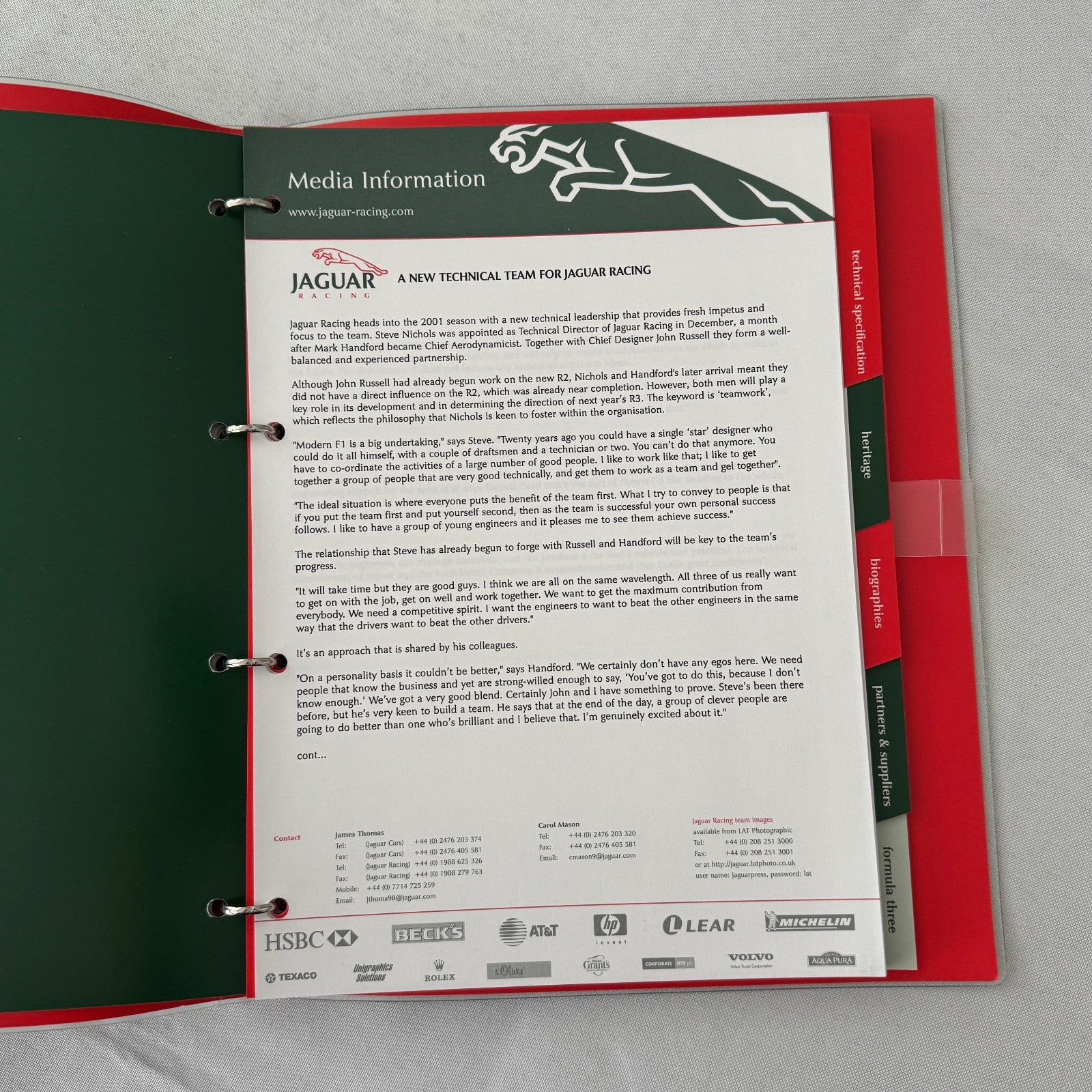 2001 Jaguar Racing Press Kit Formula 3 Formula One F1 Photos Eddie Irvine