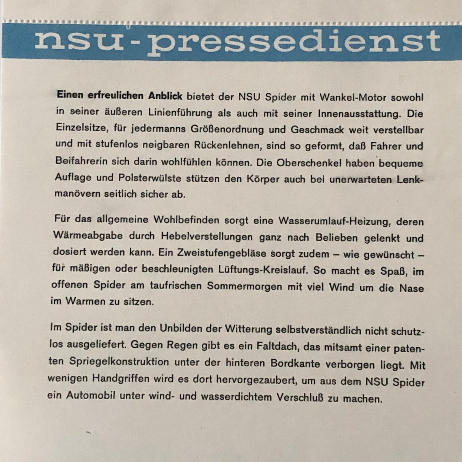 1965 NSU Spider Wankel Motor Factory Press Photo Photograph Print