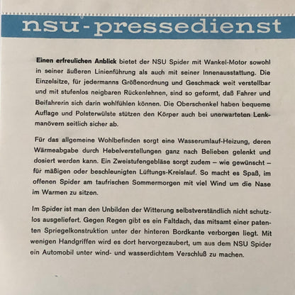 1965 NSU Spider Wankel Motor Factory Press Photo Photograph Print