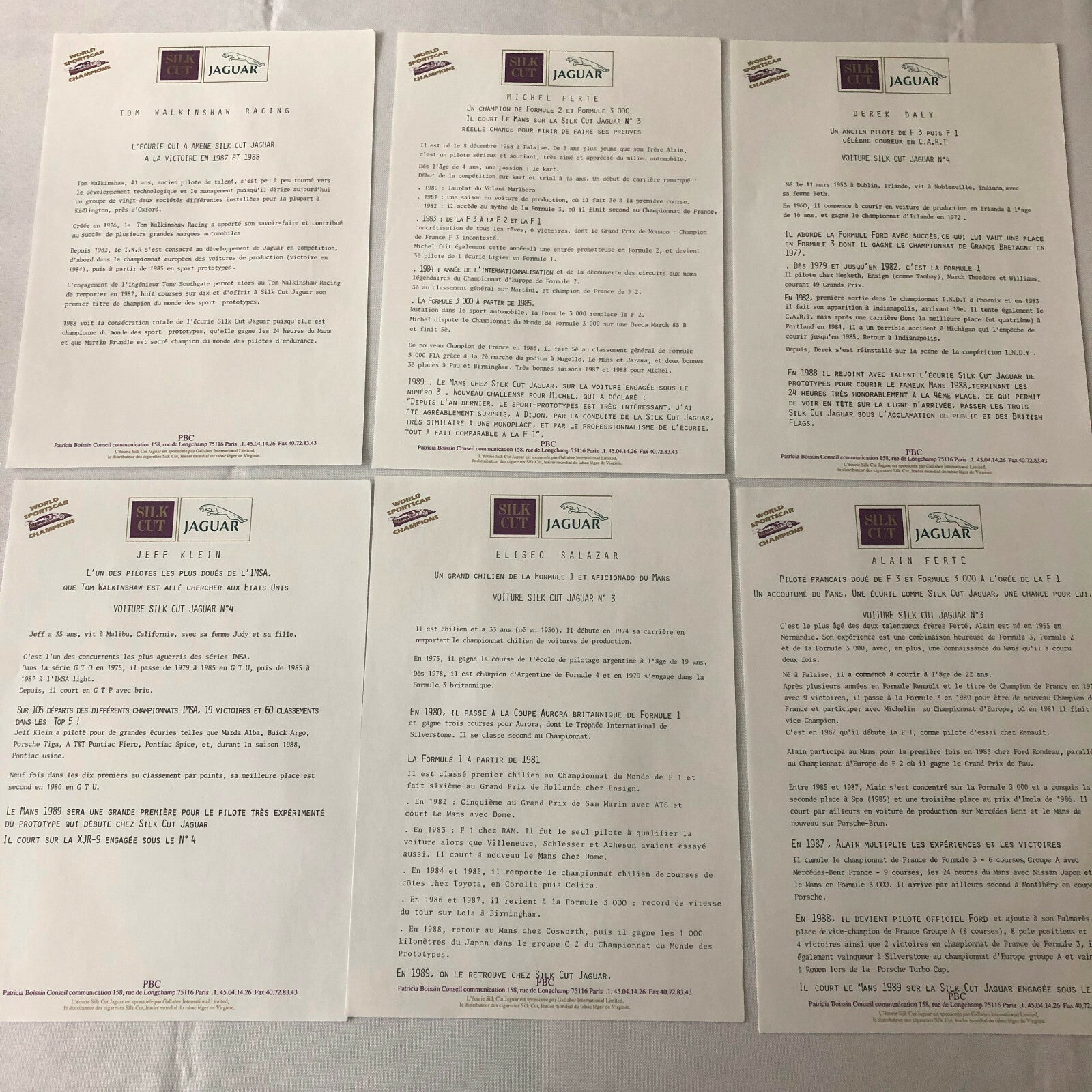 1989 Jaguar Silk Cut Racing Car Team Press Kit Photos + FRENCH LANGUAGE