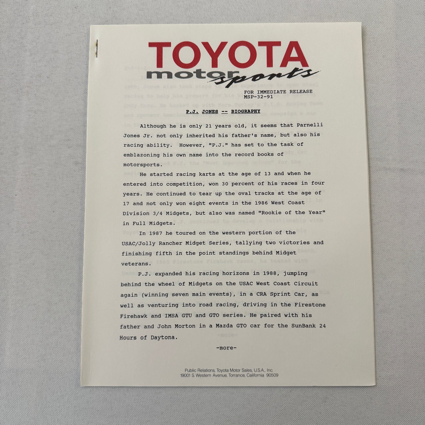 1991 Toyota Motorsport Racing Press Kit Dan Gurney Willy T Ribbs Fangio II