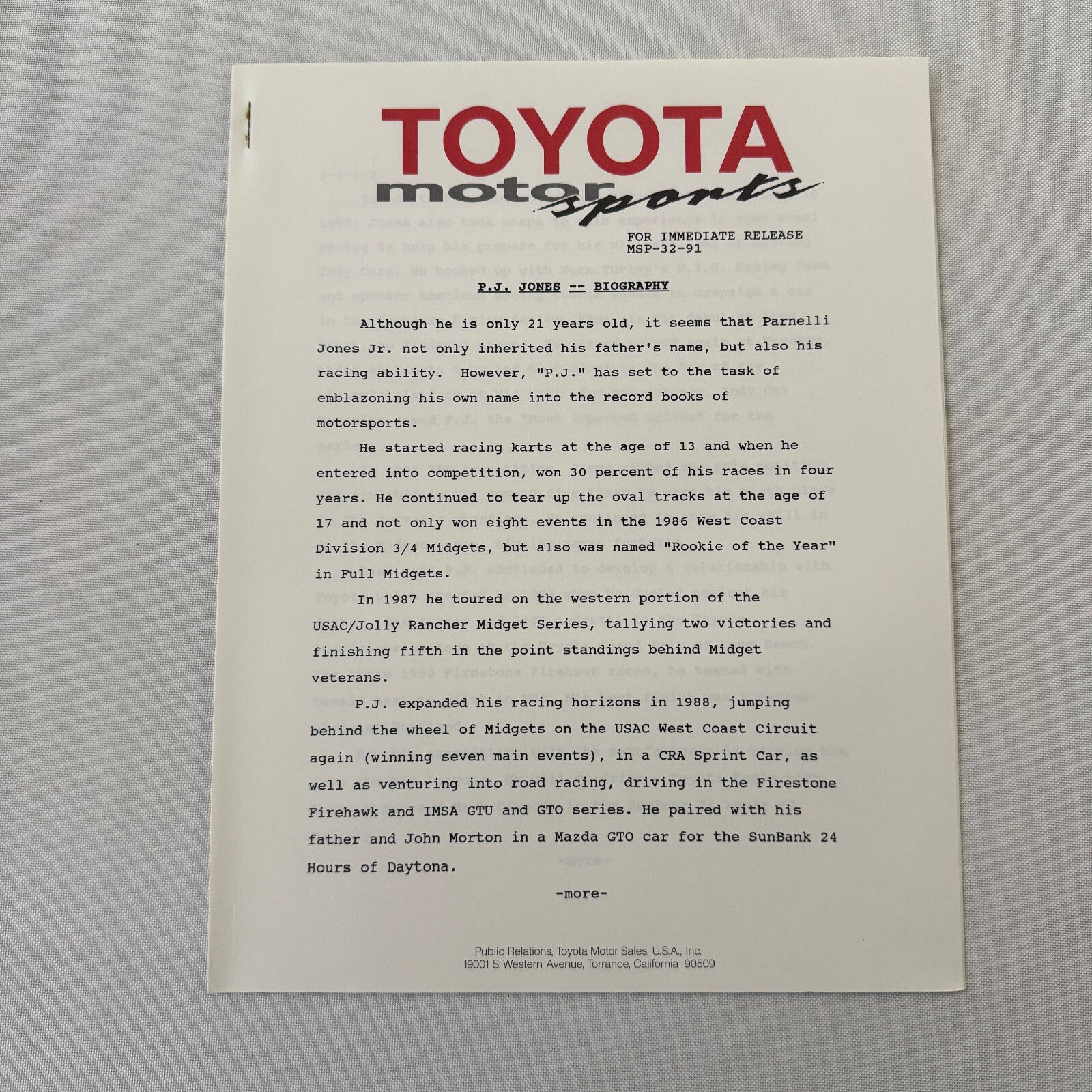 1991 Toyota Motorsport Racing Press Kit Dan Gurney Willy T Ribbs Fangio II