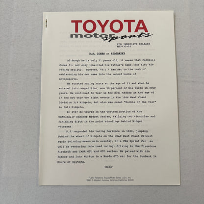 1991 Toyota Motorsport Racing Press Kit Dan Gurney Willy T Ribbs Fangio II