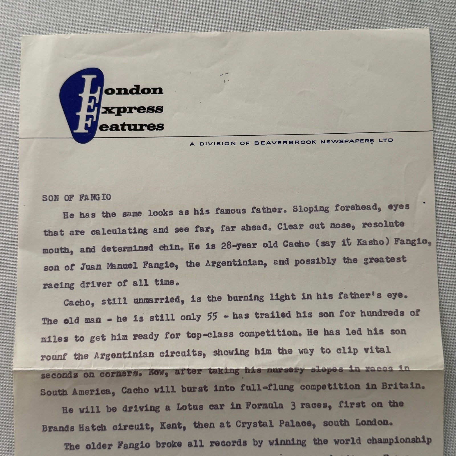 Juan Manuel Fangio Son Cacho Press Release Document London Vintage