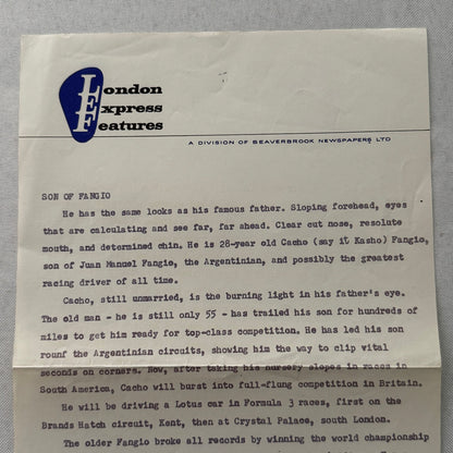 Juan Manuel Fangio Son Cacho Press Release Document London Vintage