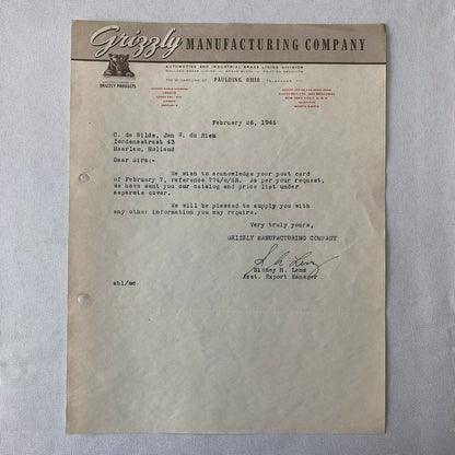 1946 Grizzly Manufacturing Company Letter Letterhead Bear Logo - Brake Lining 