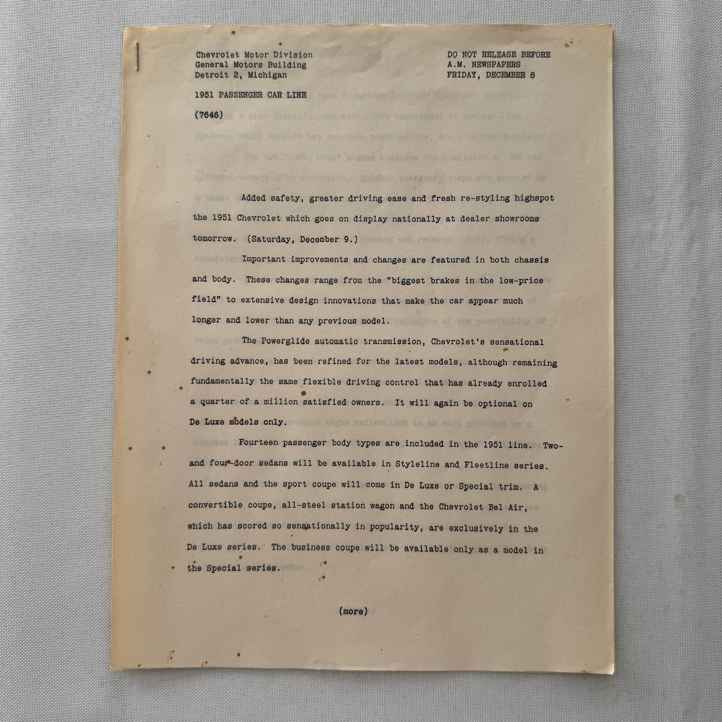 1951 Chevrolet Car General Motors Factory Press Release Document Letter Lot of 2