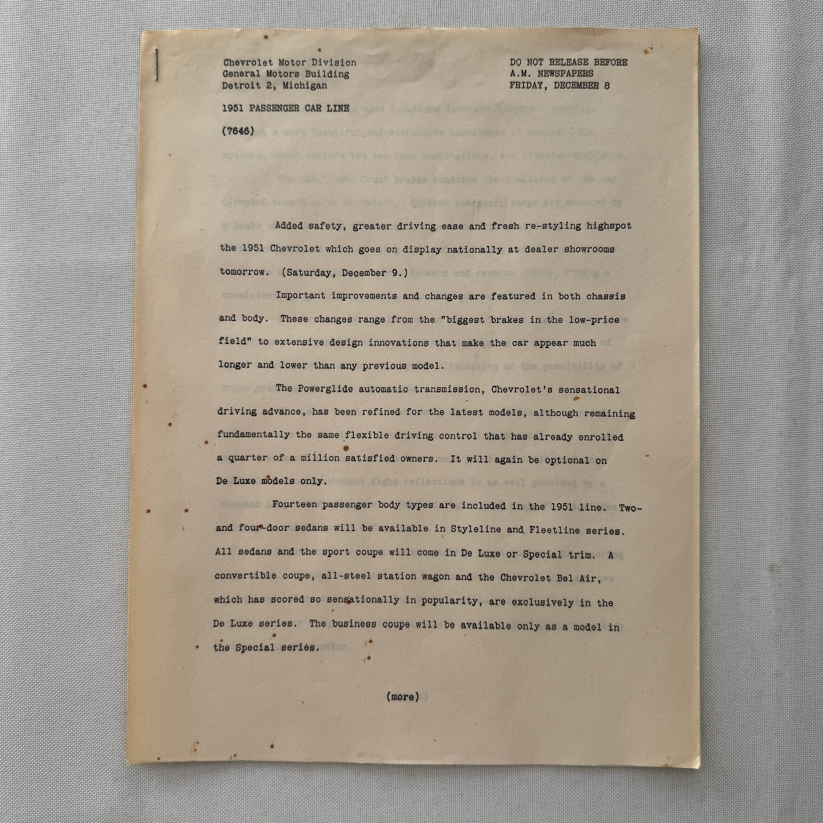 1951 Chevrolet Car General Motors Factory Press Release Document Letter Lot of 2