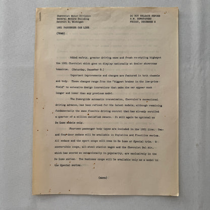 1951 Chevrolet Car General Motors Factory Press Release Document Letter Lot of 2
