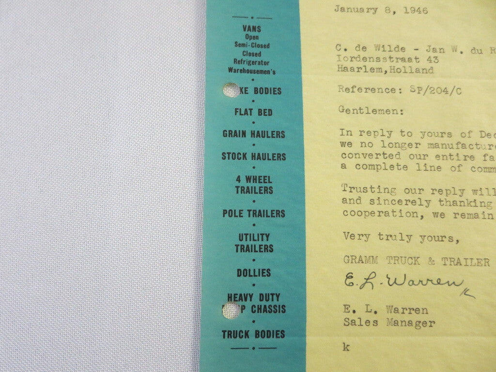 1946 Gramm Truck and Trailer Corporation Letter Letterhead - Delphos Ohio