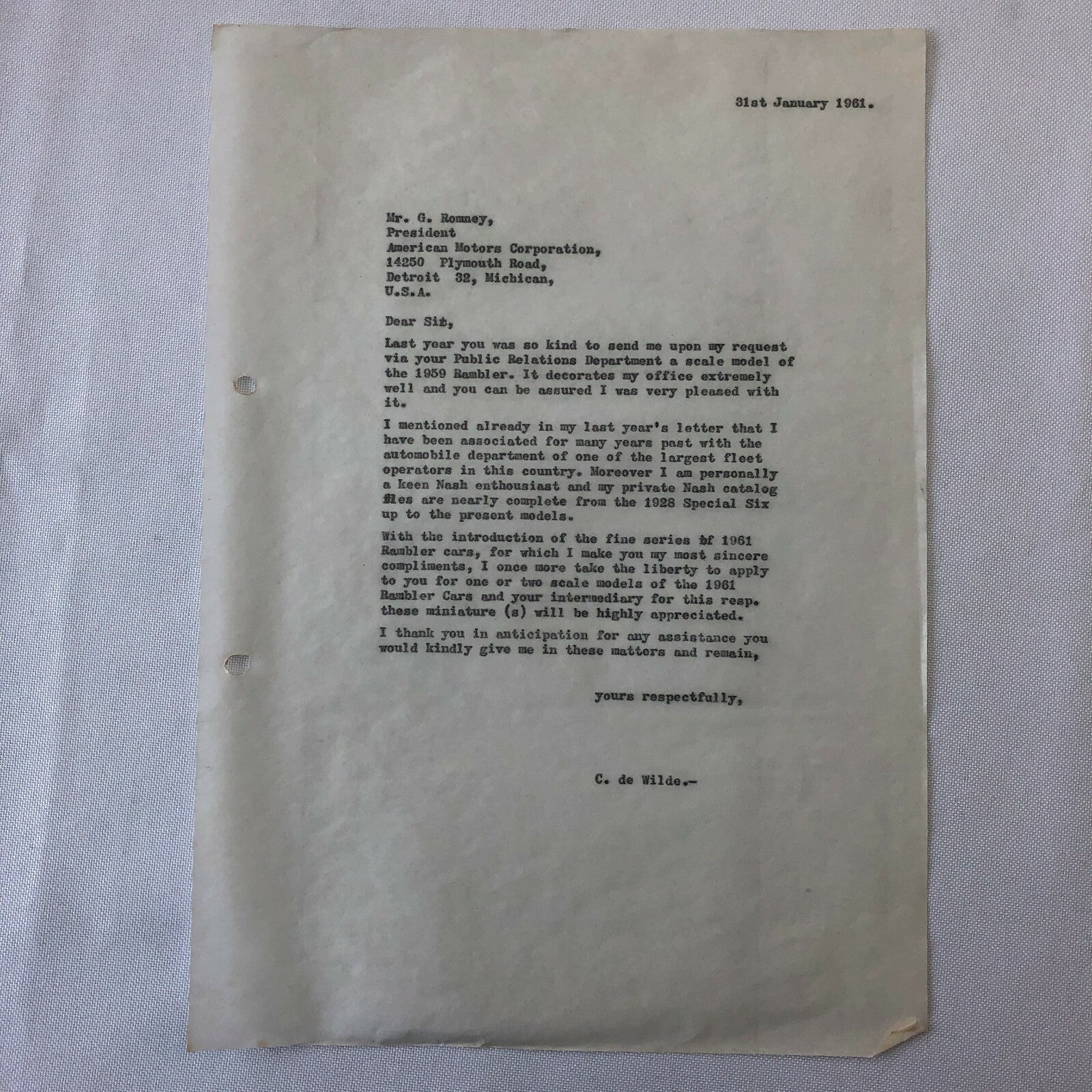 1960 - 1961 American Motors Corporation Car Letter Letterhead George Romney 