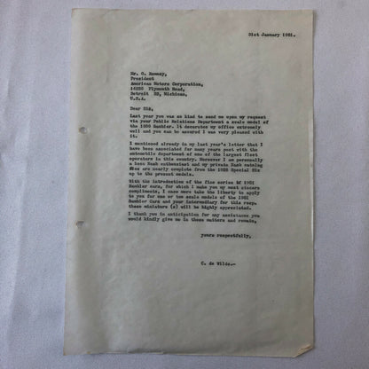 1960 - 1961 American Motors Corporation Car Letter Letterhead George Romney 