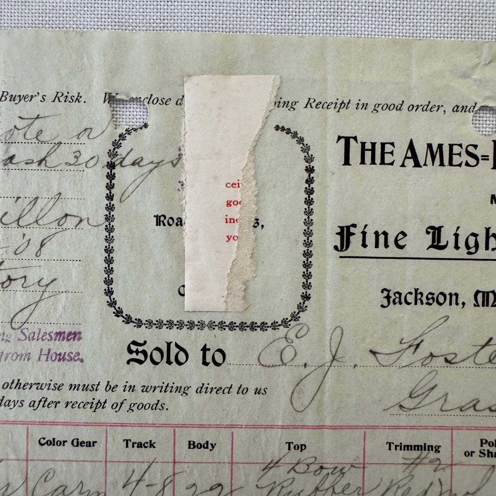 The Ames Dean Carriage Company Jackson Michigan 1908 Receipt Document Lot 2x