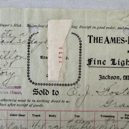 The Ames Dean Carriage Company Jackson Michigan 1908 Receipt Document Lot 2x