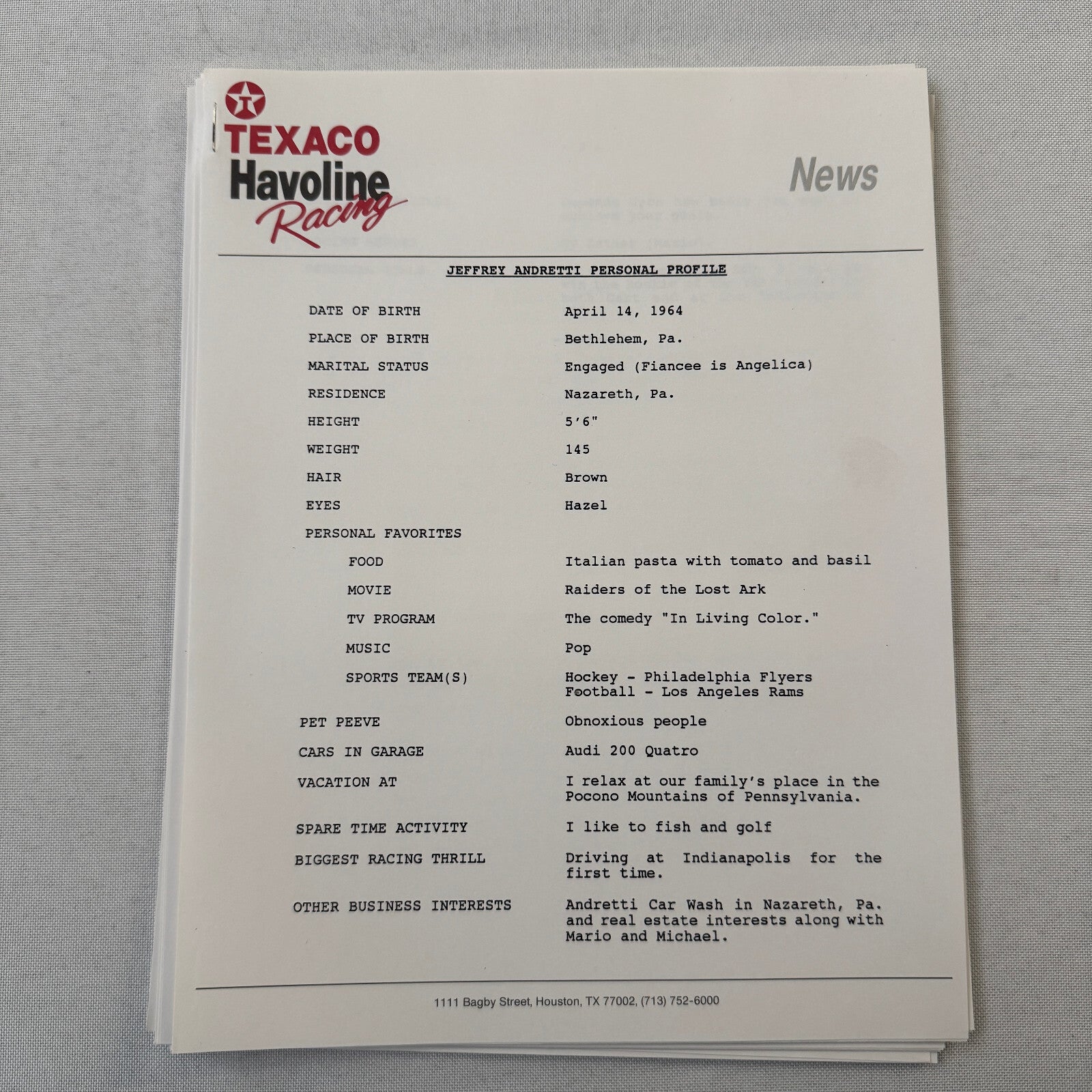 Jeff Andretti Texaco Havoline Racing Press Kit Brochure 1991 Mario Andretti