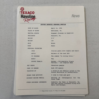Jeff Andretti Texaco Havoline Racing Press Kit Brochure 1991 Mario Andretti
