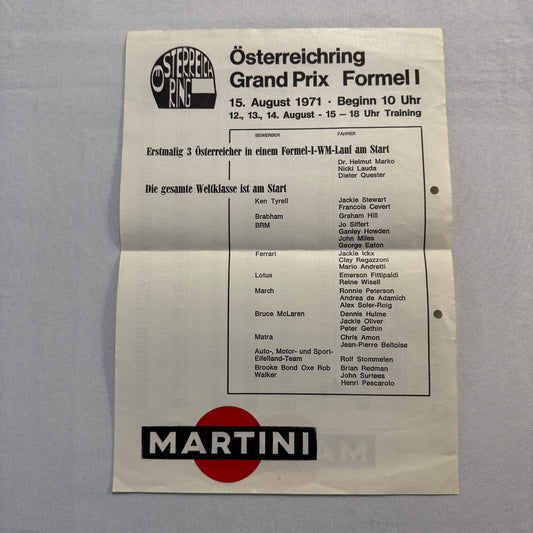 1971 Austrian Grand Prix Racing Flyer Advertisement F1 Formula One Niki Lauda +