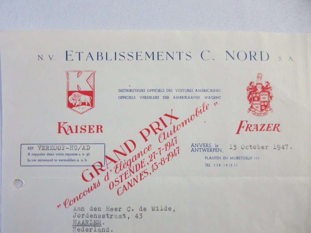 1947 Kaiser Frazer Belgian Distributor Dealer Letter Letterhead Document 