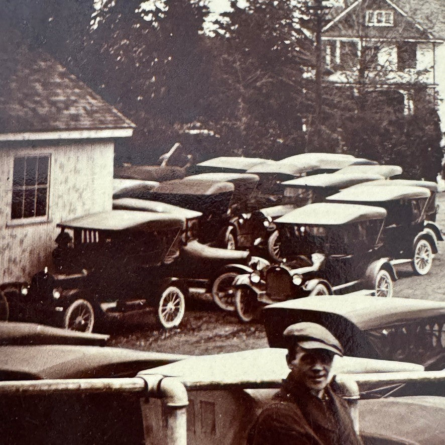 Vintage Photograph on Board Antique Car Automobile Parking Man Photo Image