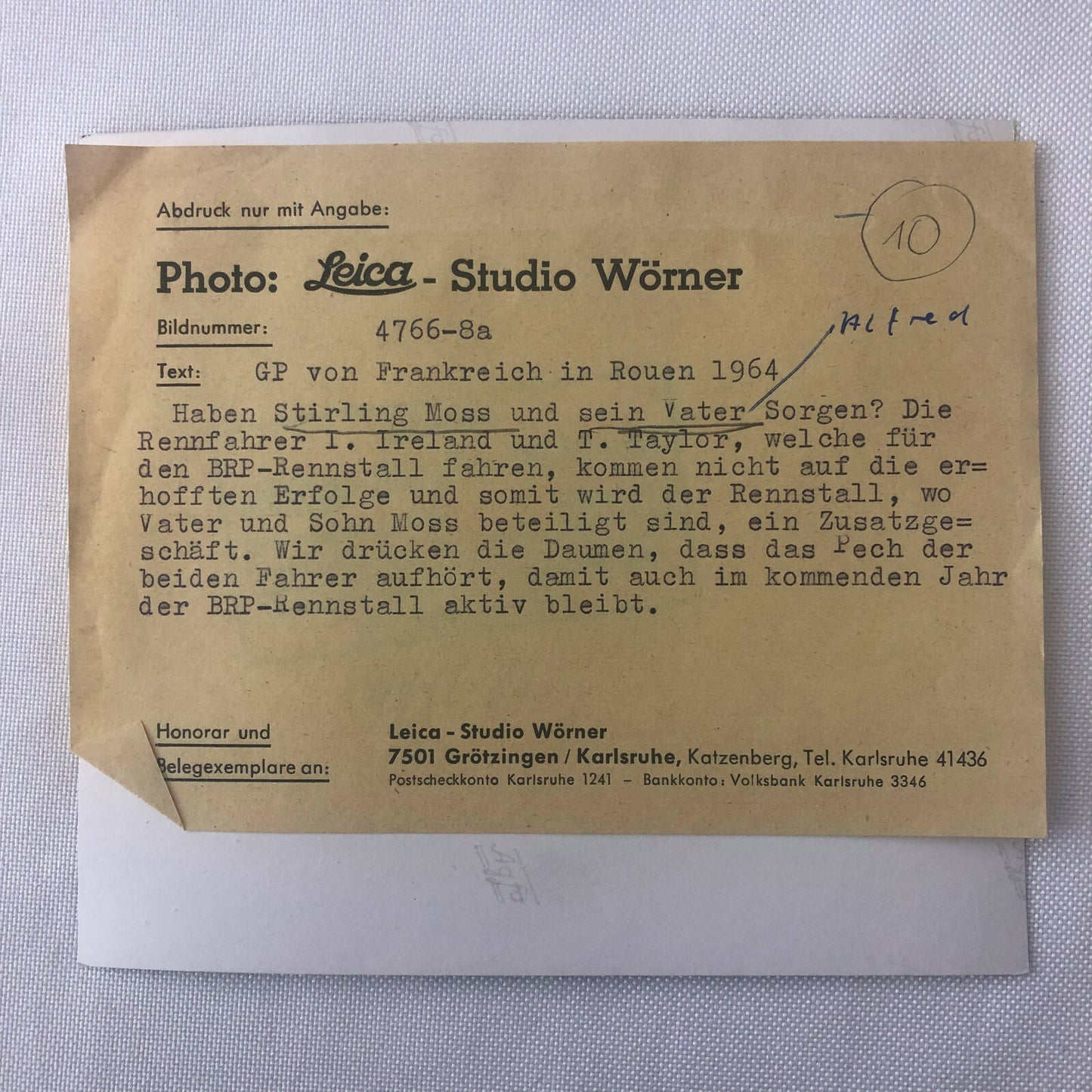 Vintage Racing Photo Photograph 1964 Rouen Stirling Moss Driver and Alfred Moss