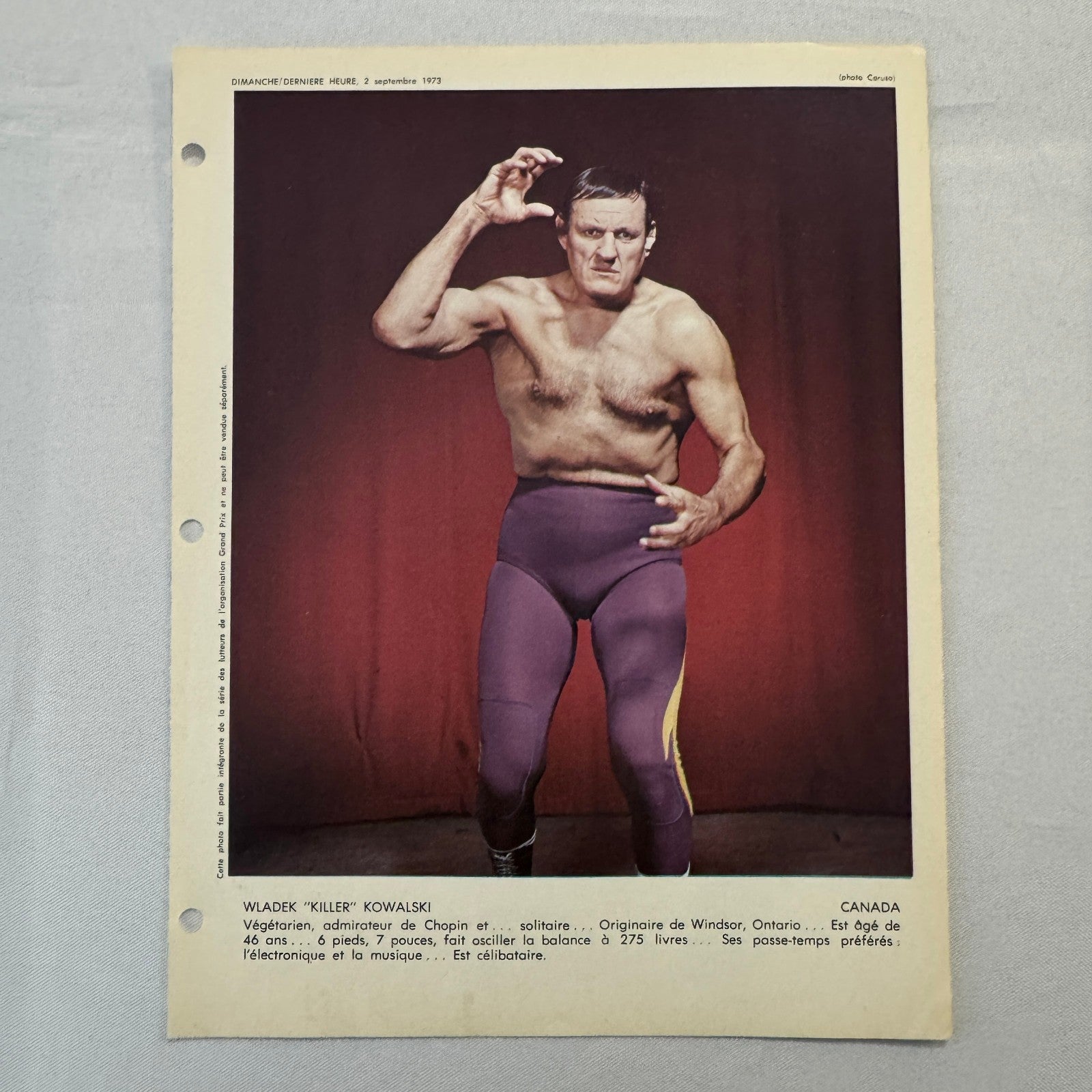 Vintage Wrestling Print Insert Wladek Killer Kowalski Quebec French 1973