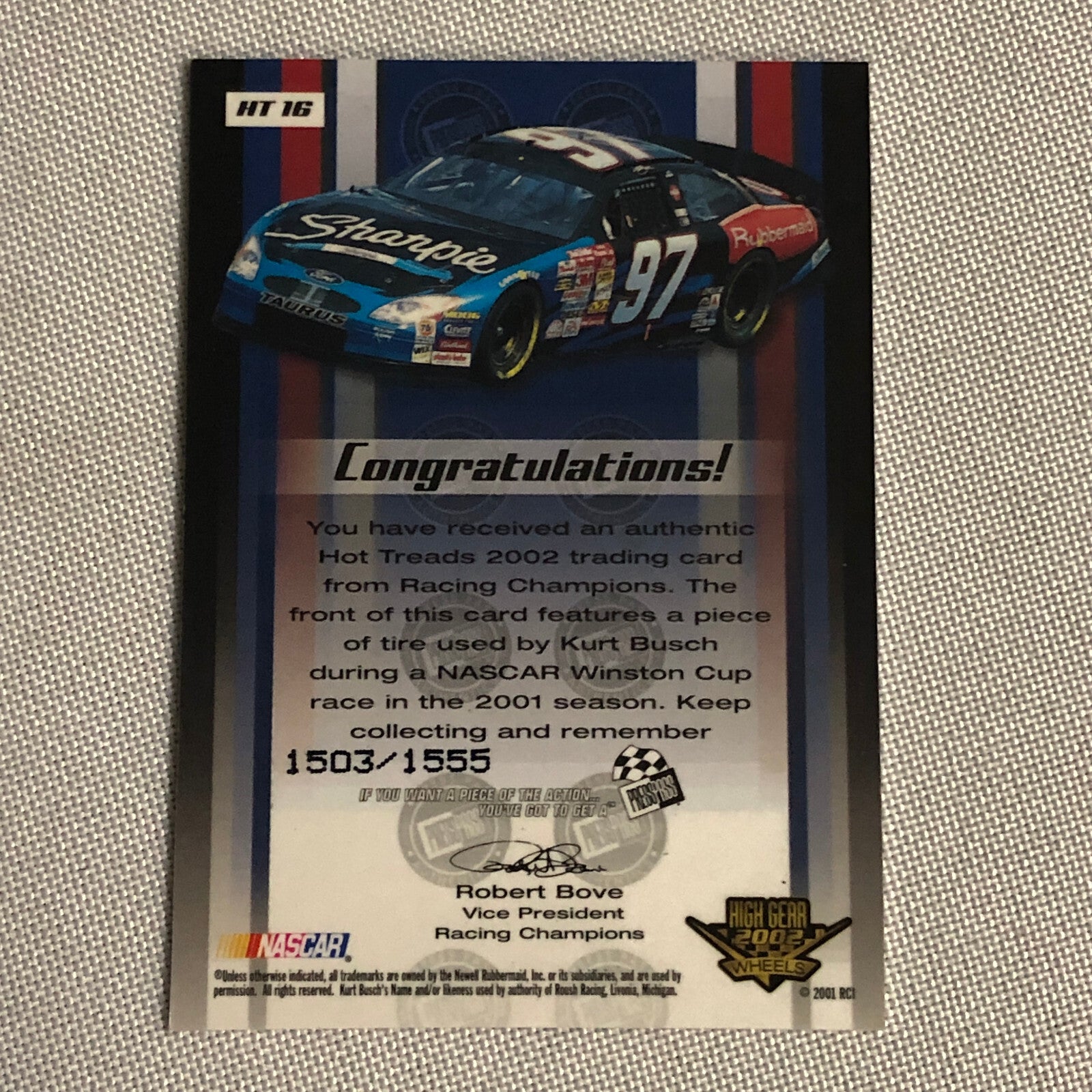 2002 Press Pass Hot Treads Tire Relic Card Kurt Busch NASCAR