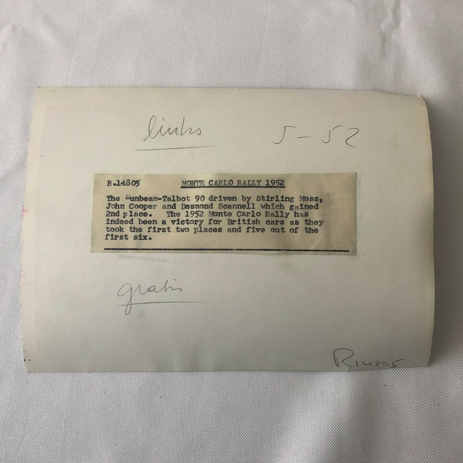 Vintage 1952 Monte Carlo Rally Photo Photograph Stirling Moss Sunbeam Talbot 90