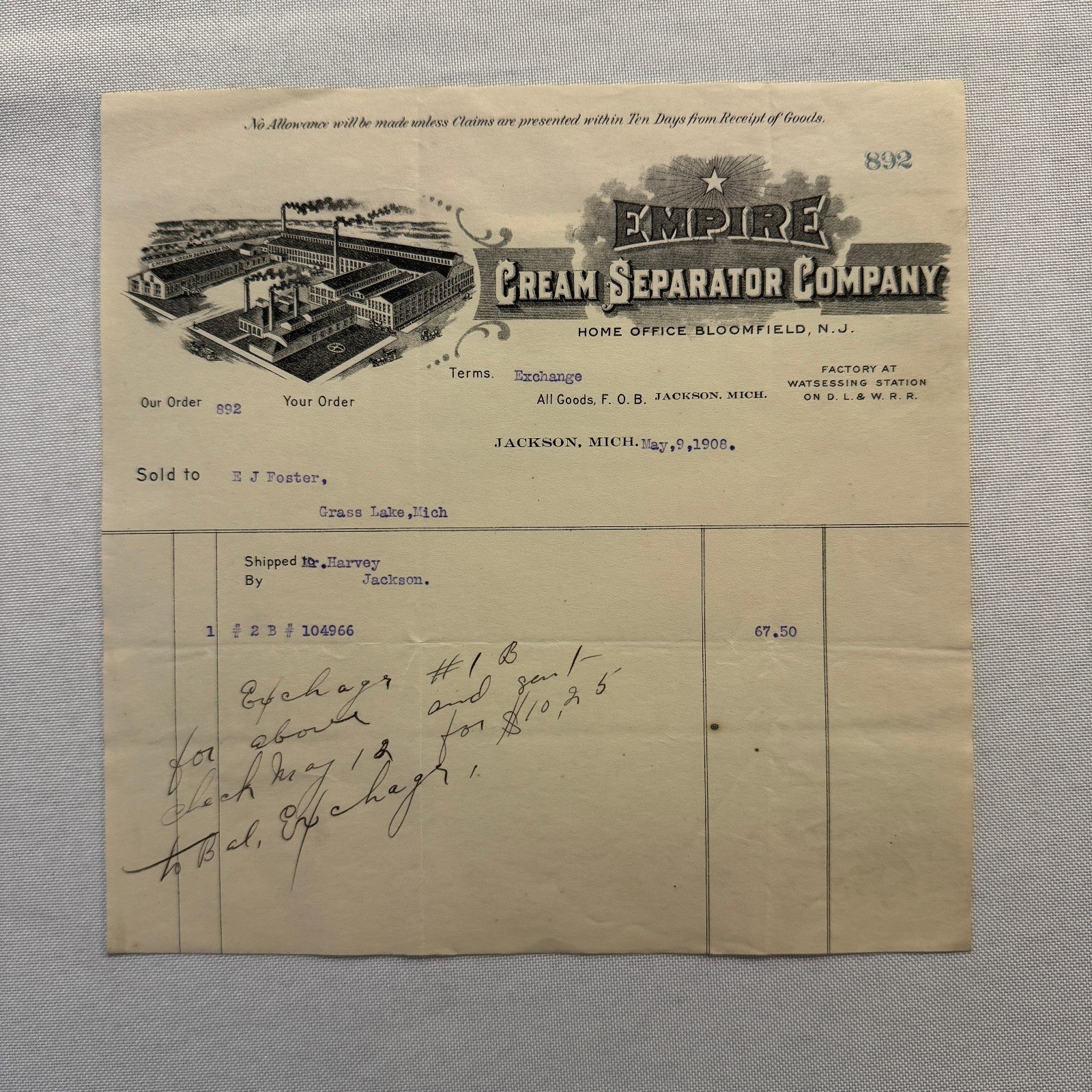 Empire Cream Separator Company New Jersey Michigan Letterhead Document 1908