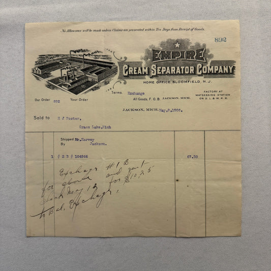 Empire Cream Separator Company New Jersey Michigan Letterhead Document 1908