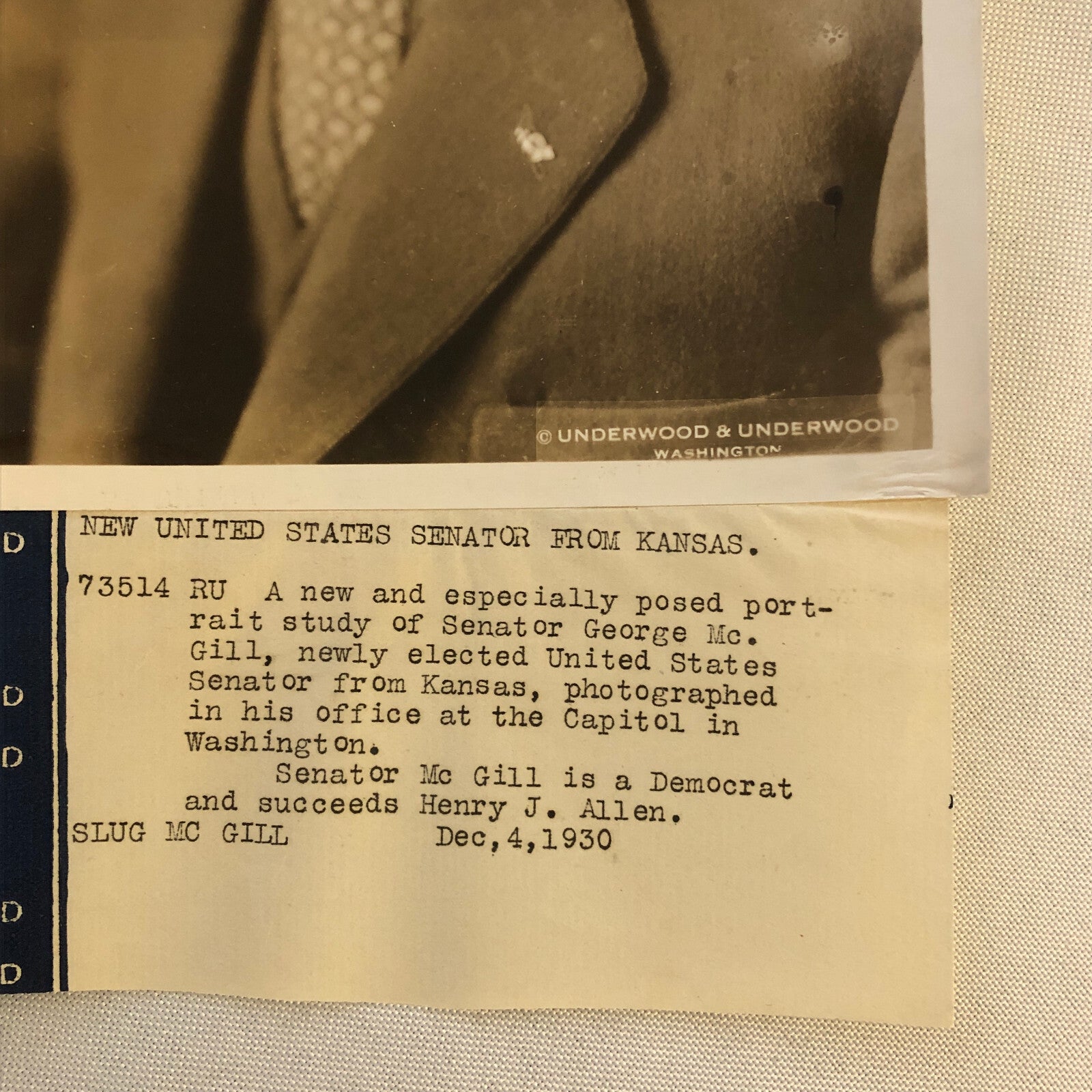 Press Photo Photograph Senator Senator George McGill Kansas 1930 Underwood Photo