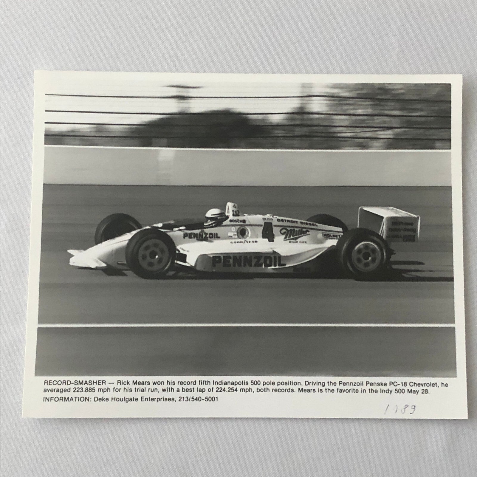 Vintage Indy Indianapolis Racing Photo Photograph Rick Mears 1989