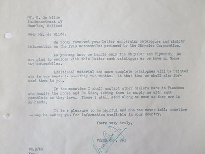 1949 Chrysler Plymouth Dealership Letter Verne Orr Motors Dealer Letterhead