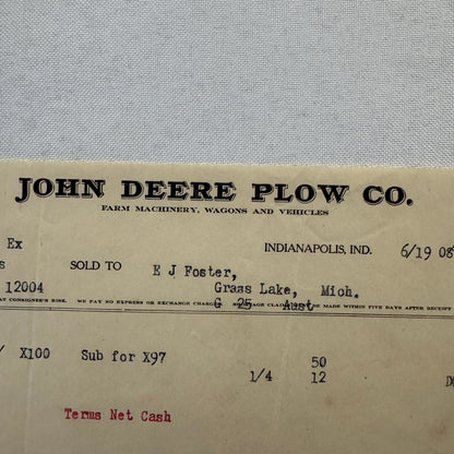 1908 John Deere Plow Company Antique Document Receipt Invoice Farm Equipment