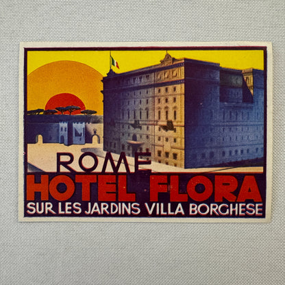 Vintage Hotel Travel Label Hotel Flora Rome Italy Italian Villa Borghese