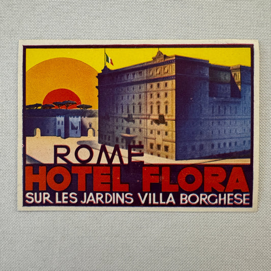 Vintage Hotel Travel Label Hotel Flora Rome Italy Italian Villa Borghese