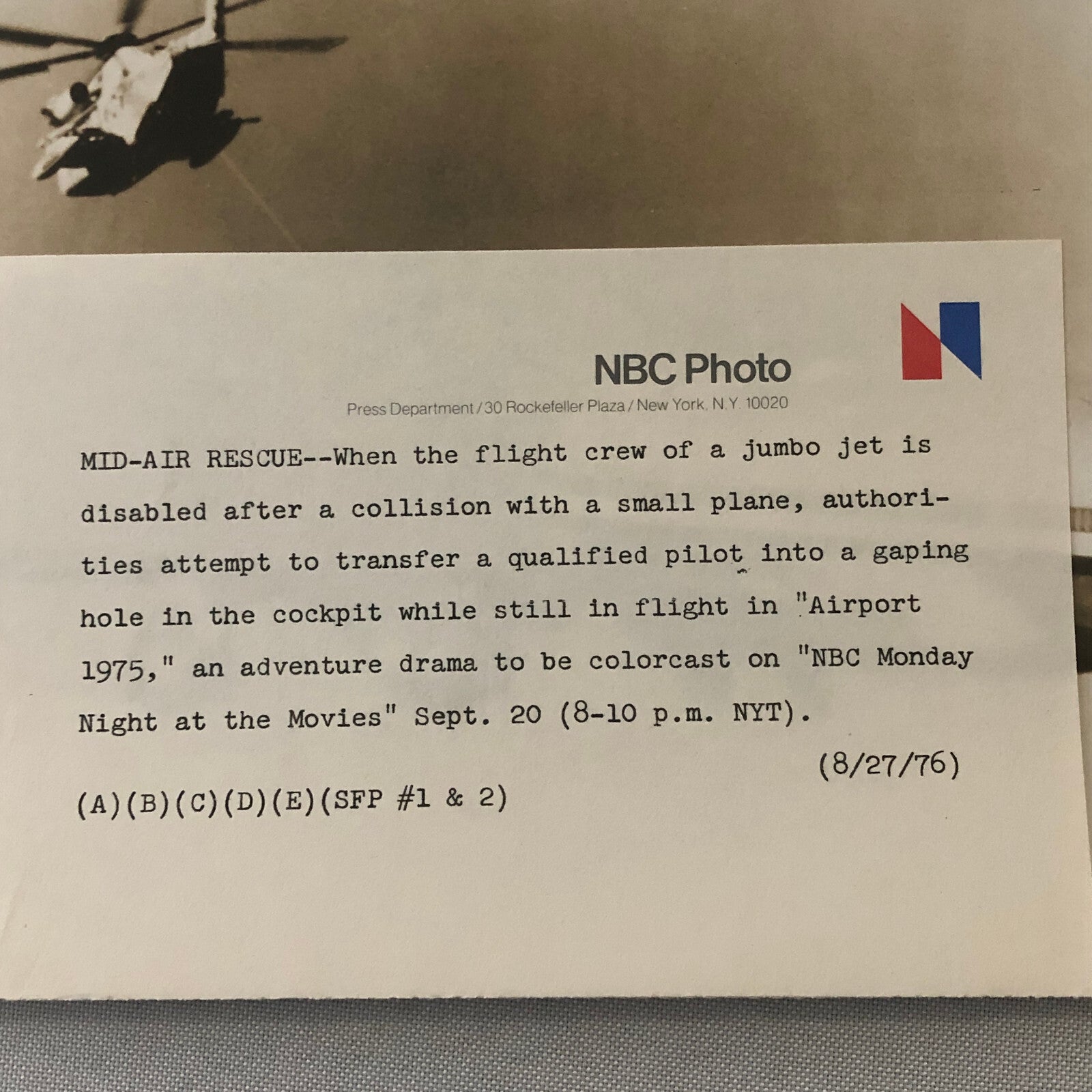 Airport 1975 NBC Monday Night Movie Press Photo Photograph Airplane Pilot