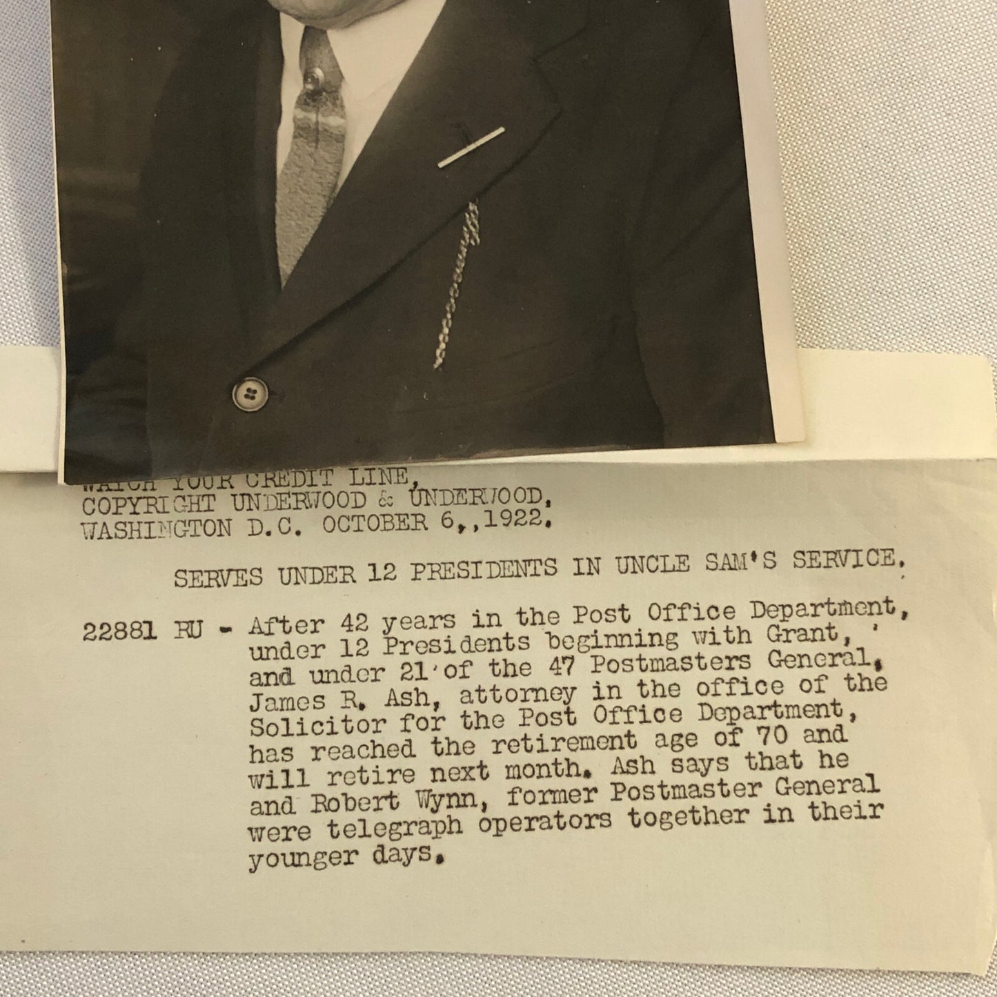 Press Photograph Photo Post Office Department Attorney Retires James R Ash