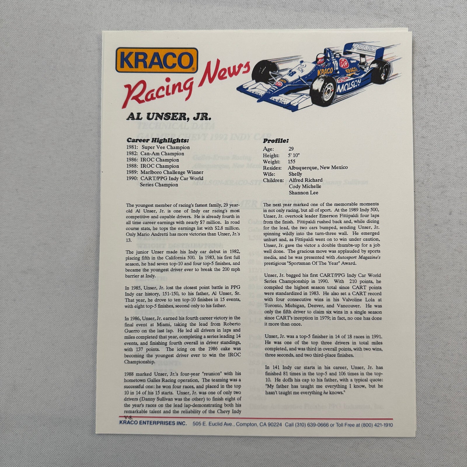 1992 Danny Sullivan Kraco Indy Car Racing Press Kit Brochure Photos Galmer Chevy