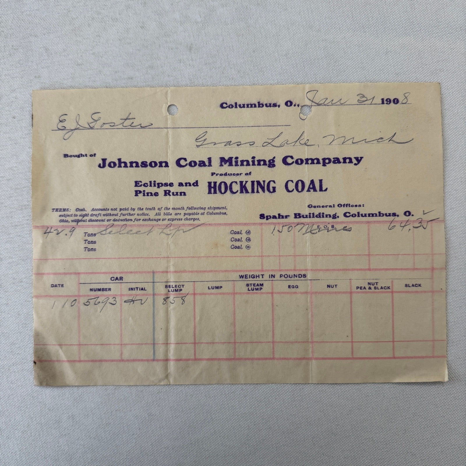 Johnson Coal Mining Company Receipt Invoice Document Letterhead 1908 Columbus OH