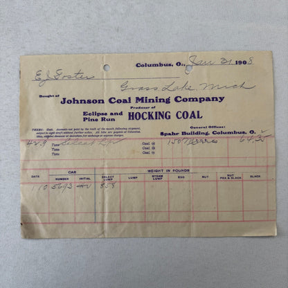 Johnson Coal Mining Company Receipt Invoice Document Letterhead 1908 Columbus OH