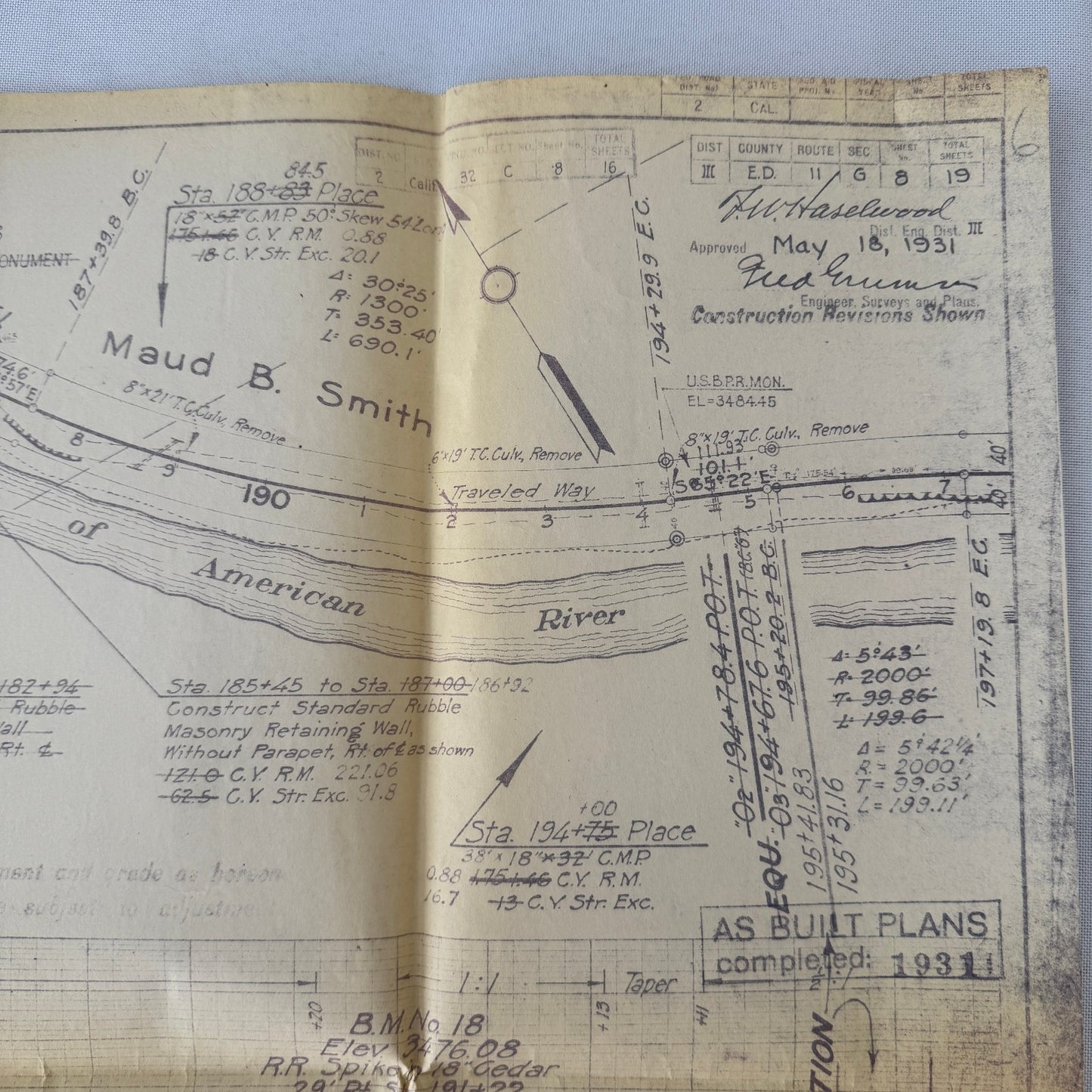 1931 California Highway Dept “As Built” Road Plan Map Blueprint T11N R14E MDB&M