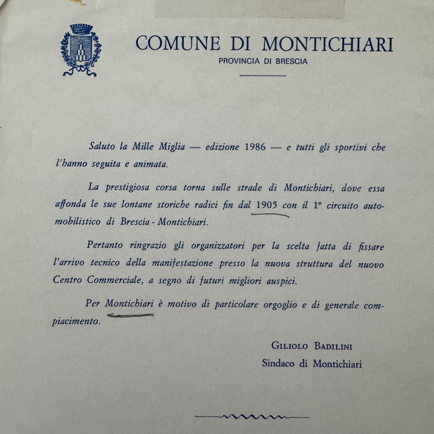 Mille Miglia Montichiari Italy 1986 Letter From Mayor with Vintage Photos 1986