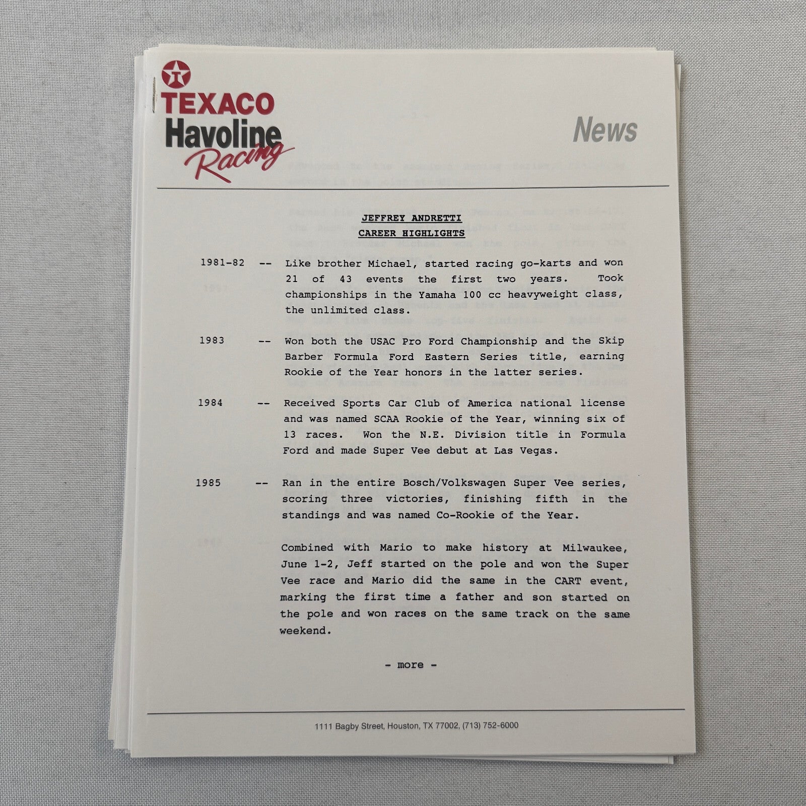 Jeff Andretti Texaco Havoline Racing Press Kit Brochure 1991 Mario Andretti