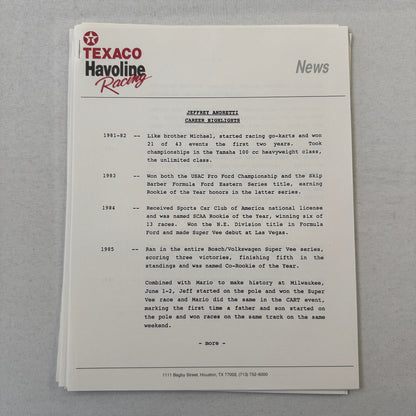 Jeff Andretti Texaco Havoline Racing Press Kit Brochure 1991 Mario Andretti